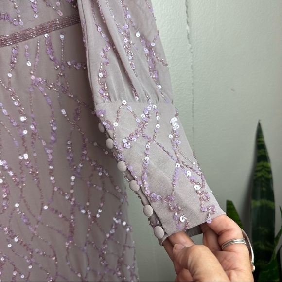 Mac Duggal sequin V-neck, long bishop sleeve trumpet dress Sz 10 - Picture 5 of 14